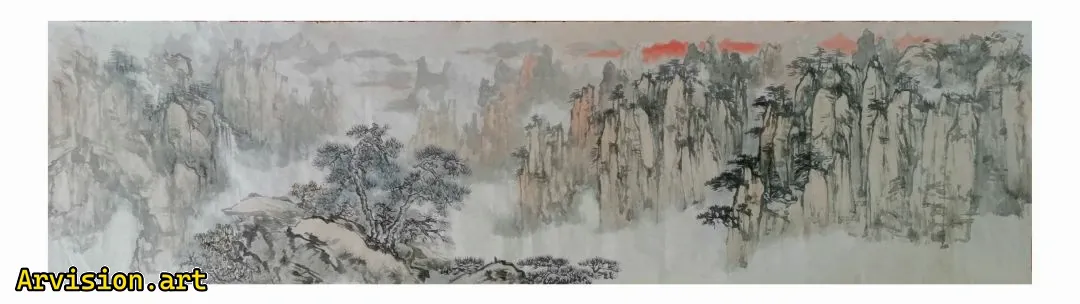朝霞层峦叠嶂中国水墨画山水画